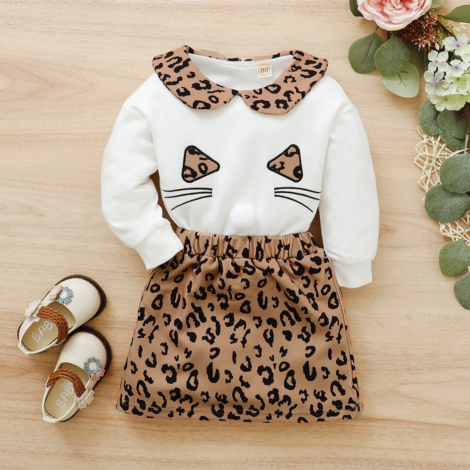 Luipaard Shirts A-lijn Rok Set Voor Baby Meisjes Cartoon Kat Print Trui Lange Mouwen Tops + Luipaard Rok Outfits