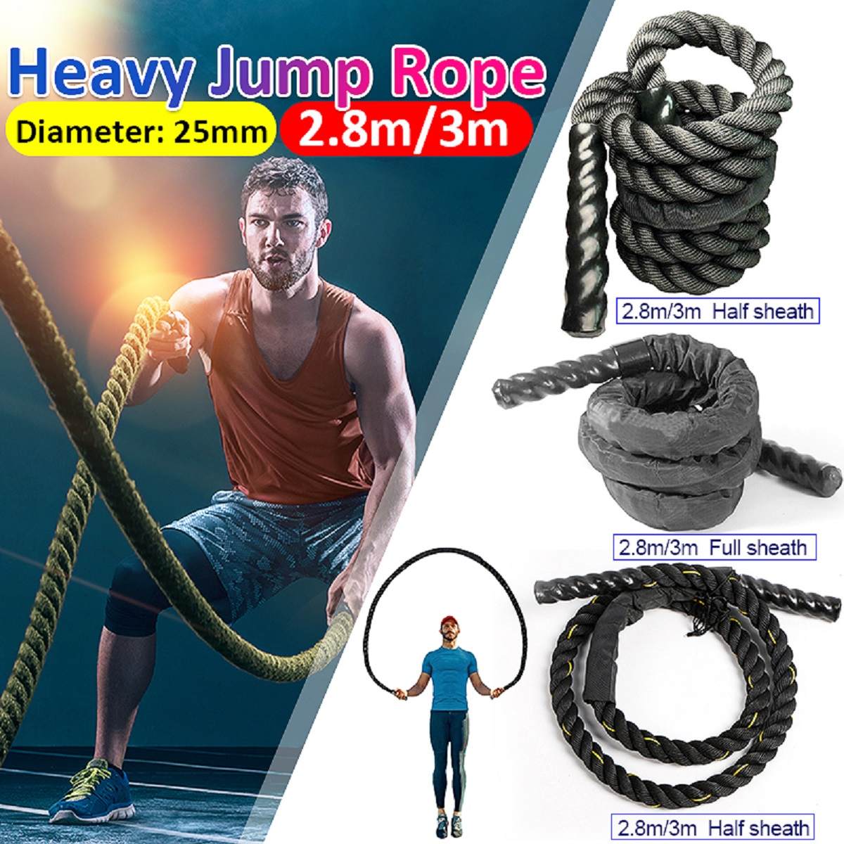25mm Fitness Heavy Jump Rope Crossfits Weighted Battle Skipping Ropes Power Training Improve Strength Muscle Fitness Equipment
