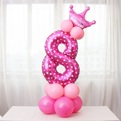 17 Stks/set 32 Inch Regenboog Nummer Folie Ballonnen Crown Digitale Helium Ballon Bruiloft Decoratie Verjaardag Feestartikelen: Solid color Pink 8