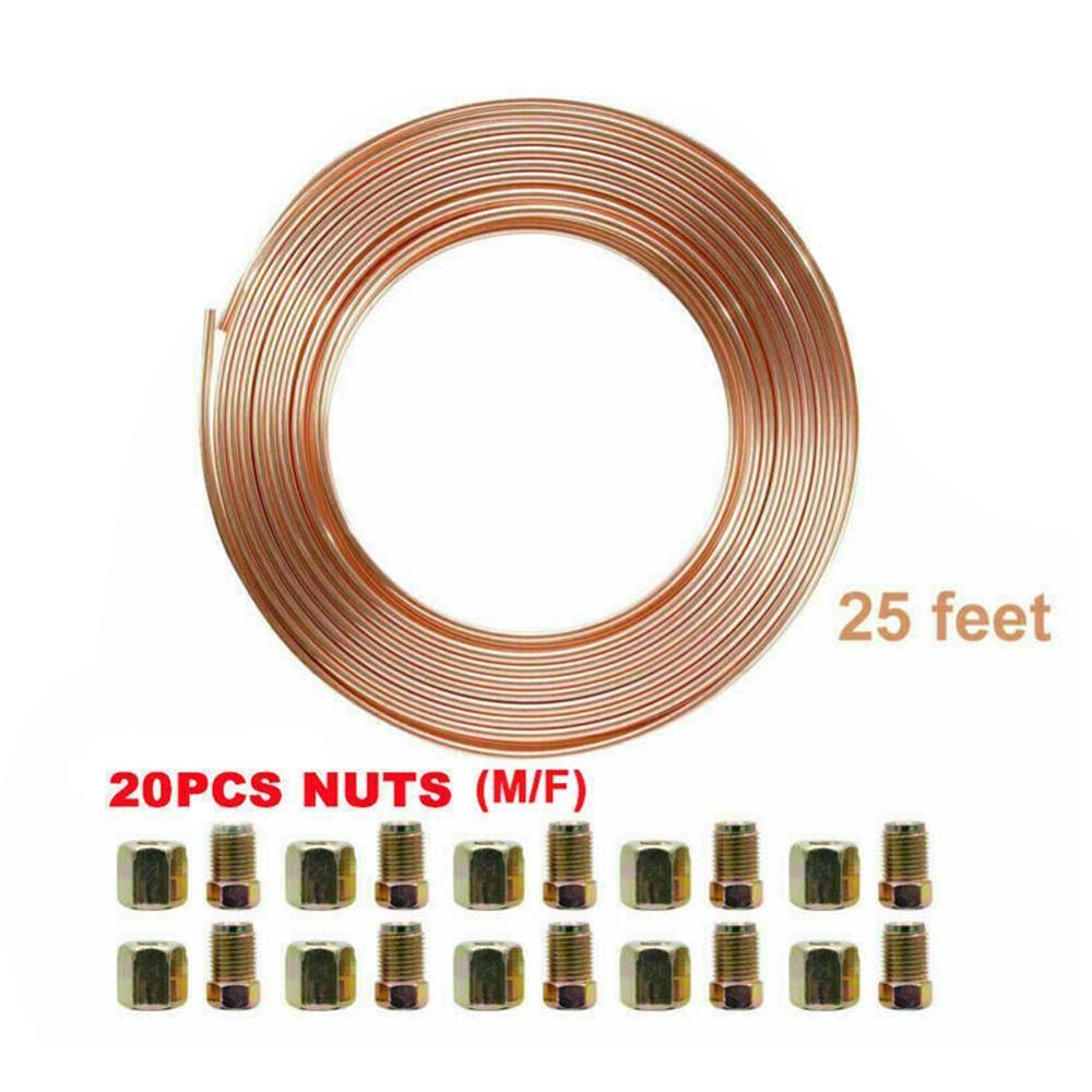 25ft 7.6m Roll Tube Coil of 3/16" OD Copper Nickel Pipe Nuts Piping Tube Line Anti-rust Hose 20PCS Tube Tubing With Brake V7B4