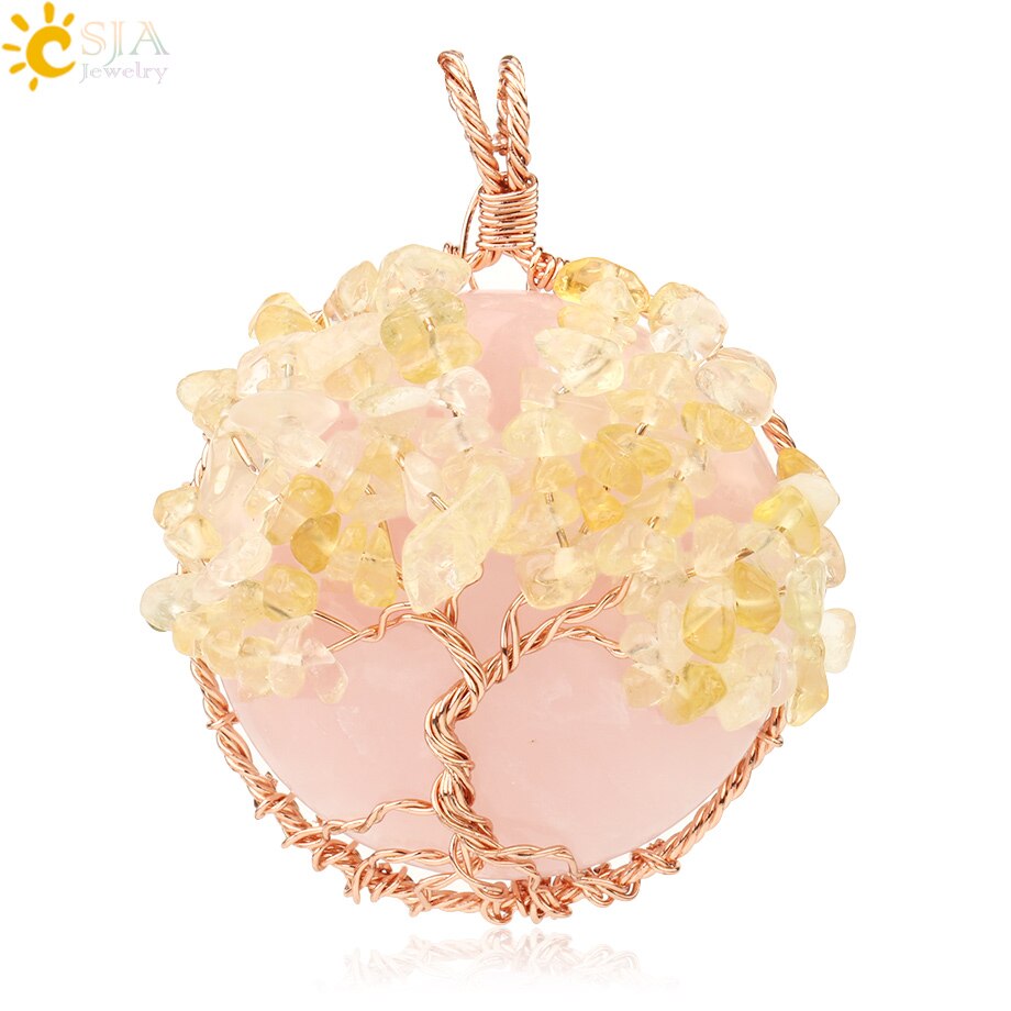 CSJA Natural Cabochon Stone Tree of Life Pendant Rose Gold Color Wire Wrap Chip Bead Wisdom Tree Healing Women Men Necklace G193: Rose Quartz