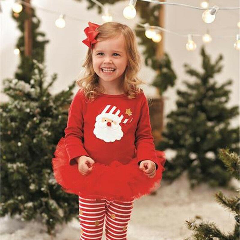 Pudcoco jul jul-mas spædbarn baby piger top kjole tøj langærmet kjole + polka leggings bukser tøj sæt 0-3t