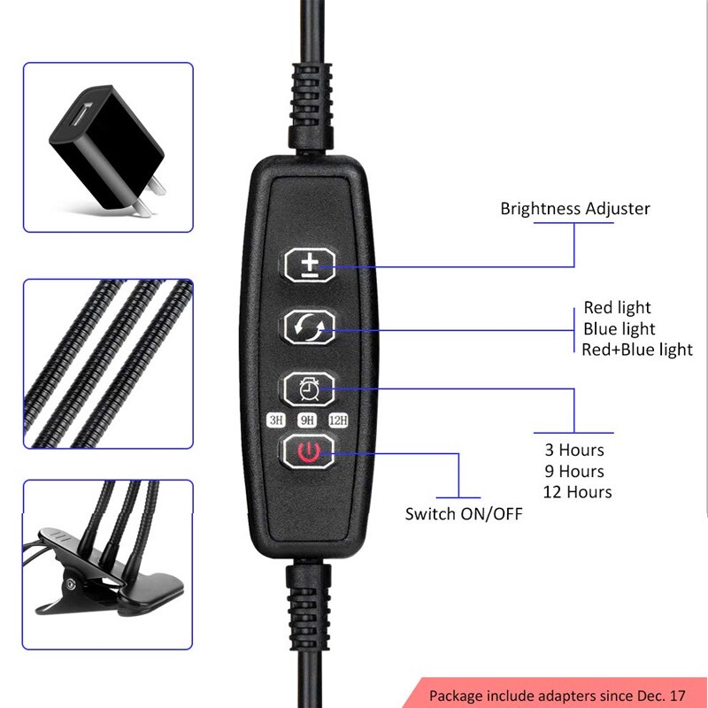 Planting lamp growth lamp holder timer lamp 27w plant growth lamp USB plug LED 3 head for indoor plant growth lighting