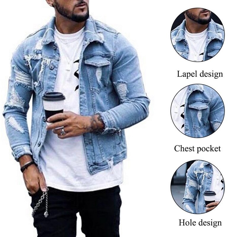 Męska kurtka dżinsowa z dziurami mężczyźni płaszcz Moto Biker mężczyźni jeansowa kurtka kieszenie Chaquetas Hombre sprane dżinsy Bomber Jacket 2020 Neue