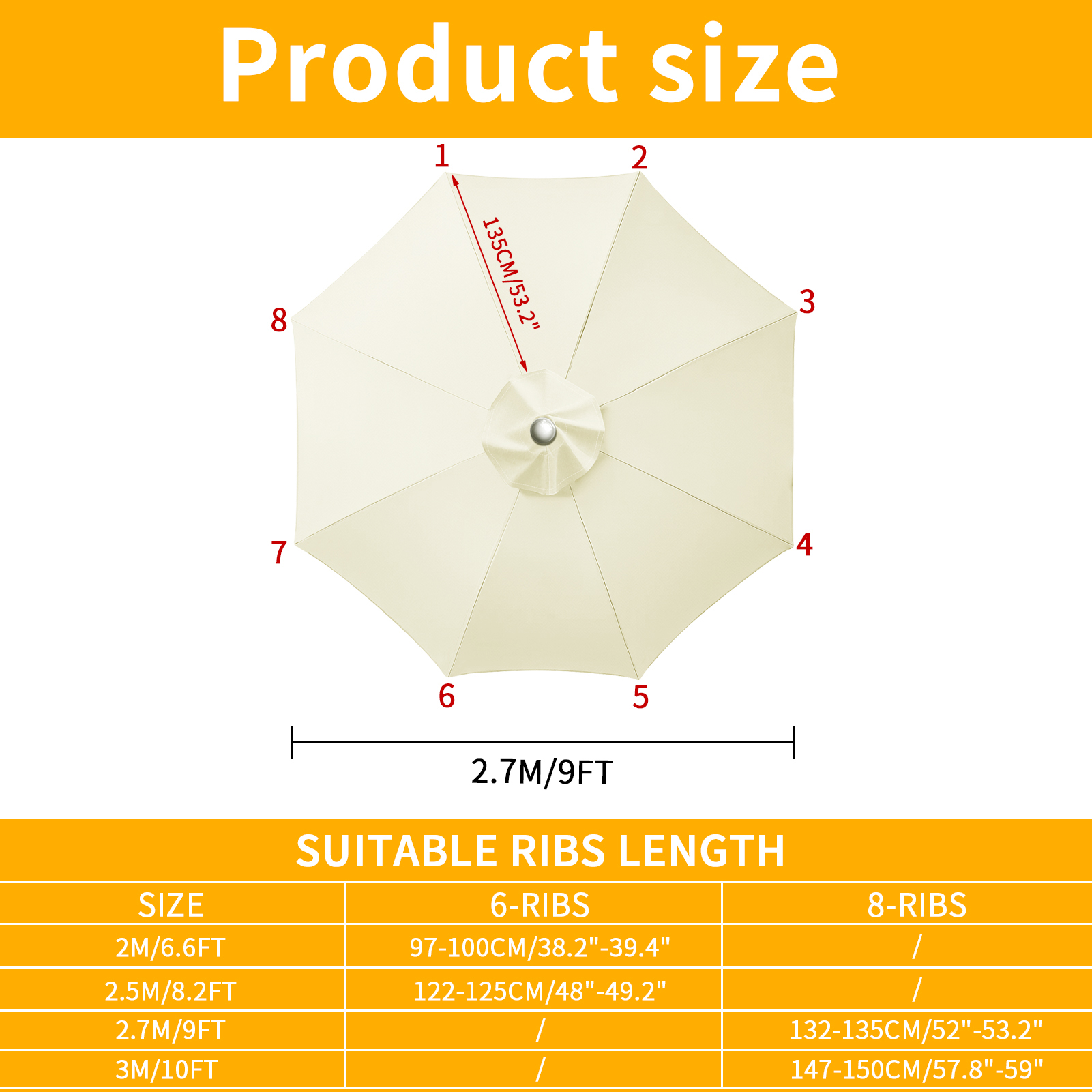 Toldo de repuesto para sombrilla de Patio exterior, 6/8 varillas, protección UV superior de repuesto, cubierta impermeable para sombrilla para jardín y patio trasero