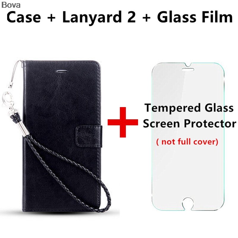 Honor 4C card holder cover case for Huawei Honor 4C leather phone case ultra thin wallet flip cover: Black Lanyard2 Film