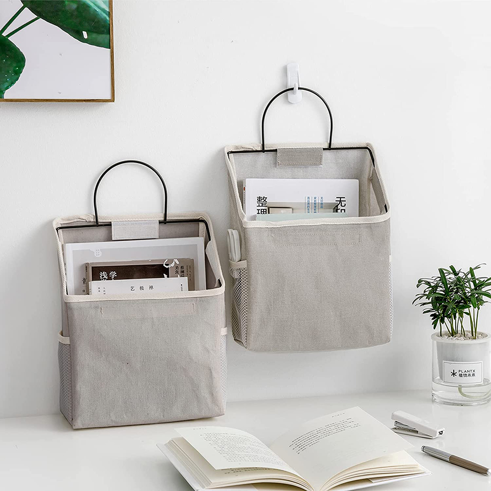 Cesta colgante para colgar en la pared, bolsa de almacenamiento de algodón y tela, organizador plegable de lino para libros, artículos diversos, estante interior para puerta