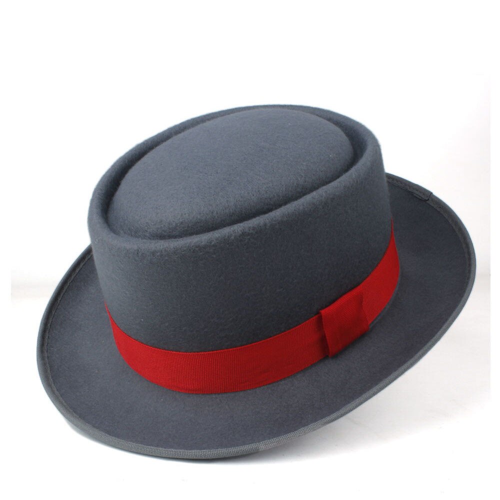 Unisex Men Women Pork Pie Hat with Red Ribbon Pop Jazz Hat Wool Flat Fedora Hat Size 58CM: Gray