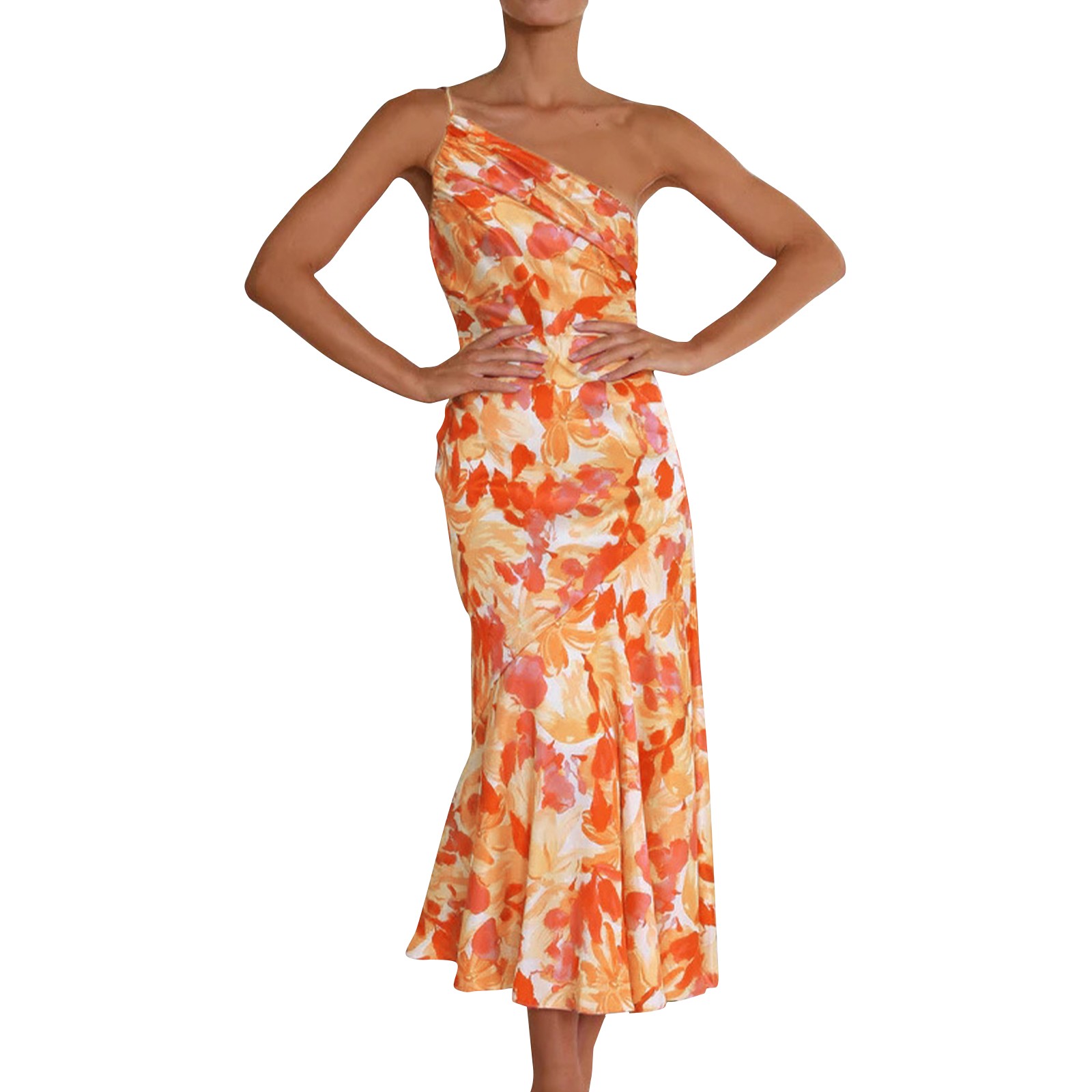 Stilvolles Fischschwanz kleid mit schrägem Hals riemen elegantes Kleid mit exquisiter Farbe und Blumenmuster: L / Kakifarbig