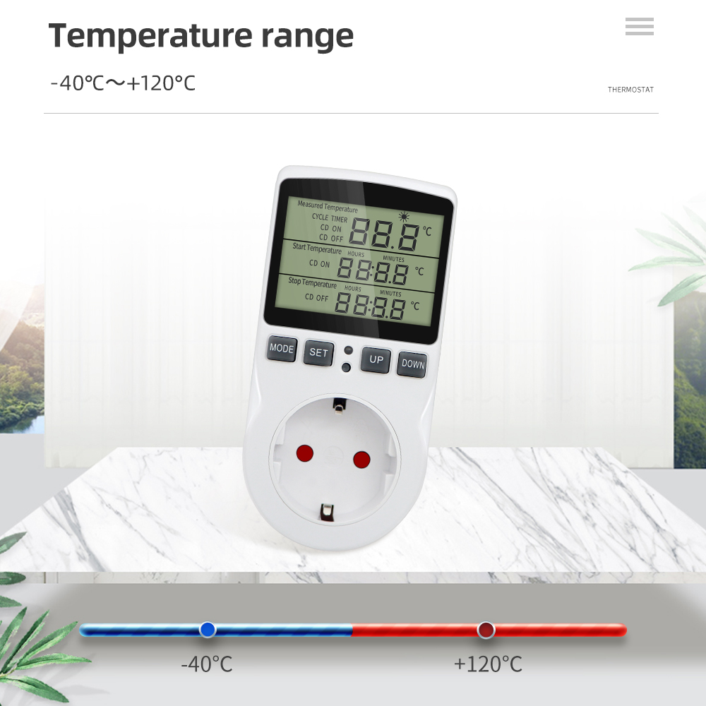 Timer met constante temperatuurregeling, stopcontact 220v, temperatuurregelaar met temperatuursonde, verwarming en koeling.