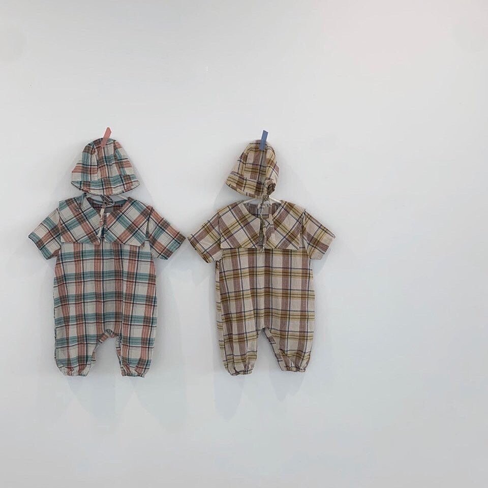 3449 Britse Plaid Baby Meisjes Jongens Romper Met Hoed Wassen Katoen Tweedelige Set Lange Mouw Babykleding Overalls Voor kids