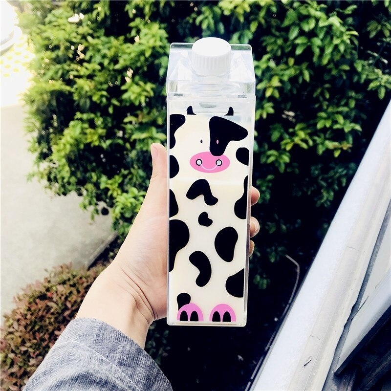 Cute Cartoon Outdoor Camping Plastic Bottle Animal Cow Cat Water Drinking Bottles Home Kids Breakfast Milk Kettle: Black