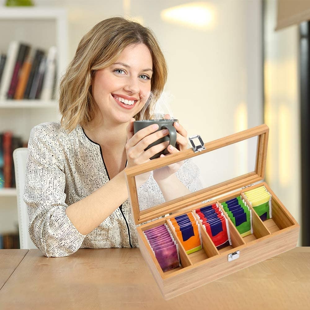 Bamboo Tea Box 5 Compartment Bamboo Tea Bags Coffee Storage Box Coffee Display Case Desktop Jewelry Cabinets Organizer Case