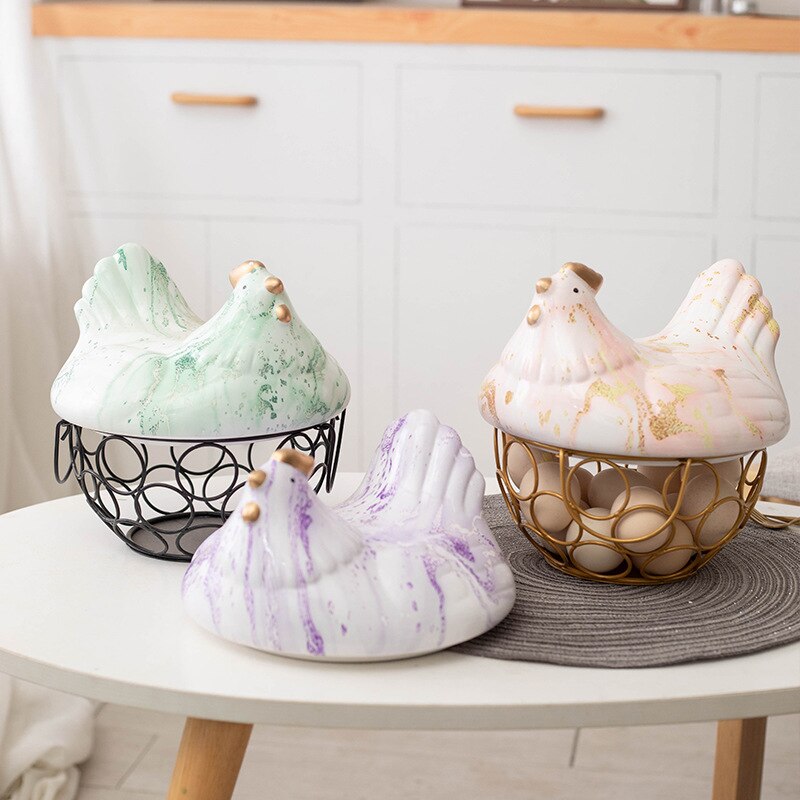 Poignée porte-œuf en céramique, poulet en métal, ornement de maison, boîte de rangement de fruits, panier de rangement en osier pour organisateur de cuisine