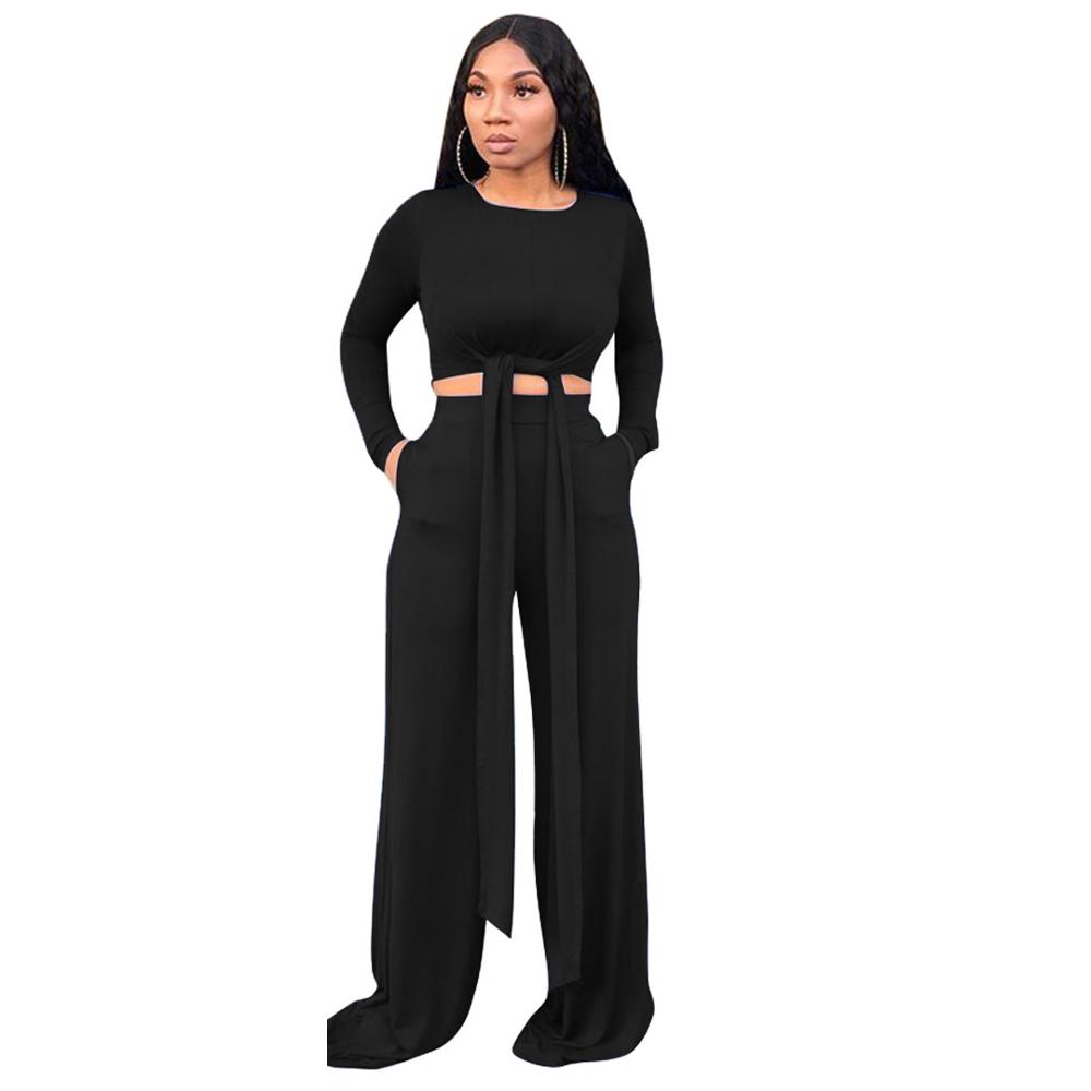 Women Soild Color Long Sleeve Two Pieces Sets Temperament Top And Pants Plus Size Workout Business Party Fitness: Black / XL