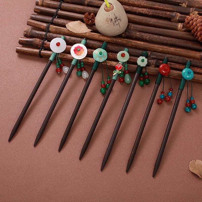 Vintage Hair Sticks Pick Chinese Style Wooden Chopsticks Flower Hair Pin Clip Women Crystal Hairpins Jewelry Accessories