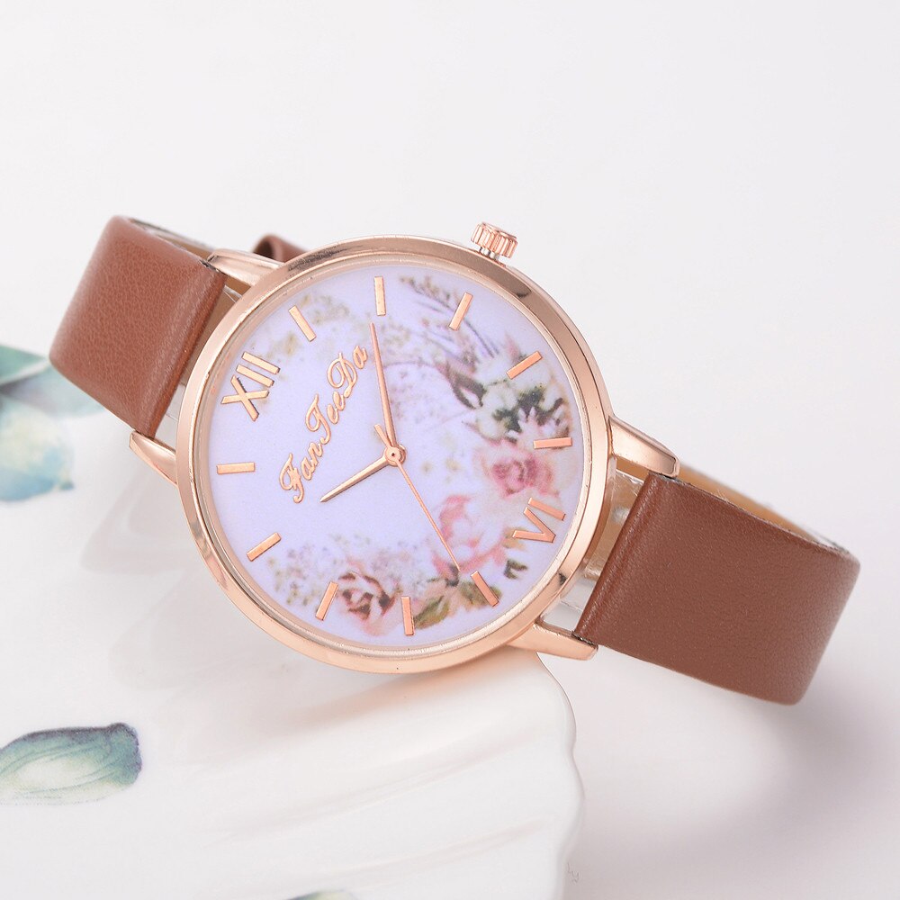 Dames Horloges Vrouwen Gedrukt Bloem Polshorloge Luxe Casual Quartz Lederen Polshorloge Mode Vrouwelijke Jurk Klok: Bruin