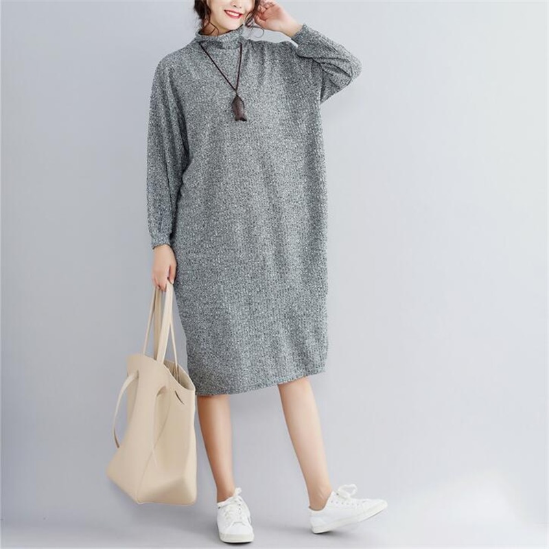 Women Autumn Winter Sweater Dresses loose casual Turtleneck plus size black gray Robe Long Knitted Dress