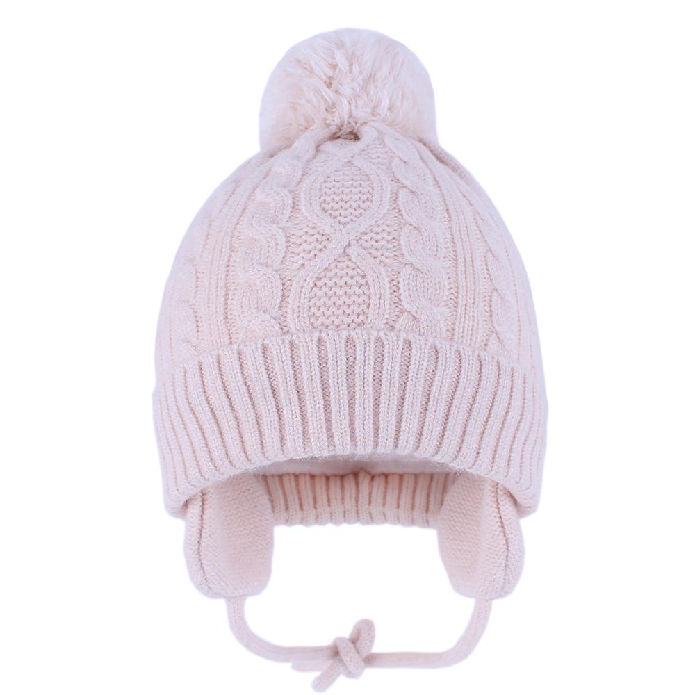 Baby piger drenge vinter efterår varme høreværn hue børn kasketter beanie pels pompon hatte unisex børn strikkede huer 1-5 år: Beige / S