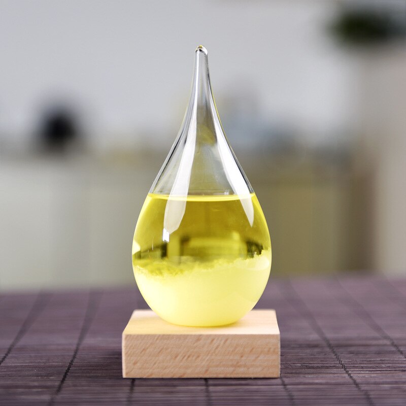 Sturm Glas Anzeichen nasser Prognose Dekorative Barometer Tropfen-Förmigen Kleine Flasche mit Holz Basis VA88: Gelb