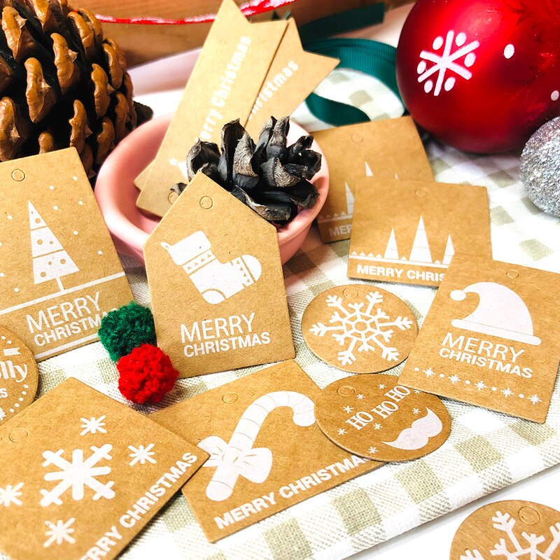 50 stk julepapir etiket mærke julemanden snefnug jule slik emballage etiket glædelig jul kraft papir tags