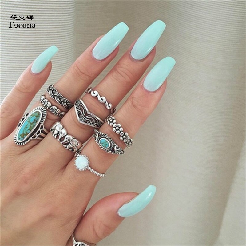 Tocona 9 Stks/set Boho Olifant Bloem Golf Gesneden Knuckle Midi Vinger Ringen Set Voor Vrouwen Antiek Zilver Kleur Ringen Sieraden 3589
