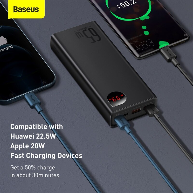 Baseus 65w power bank 20000mah pd qc 3.0 carregamento rápido powerbank baterias externas carregador portátil para o telefone portátil tablet