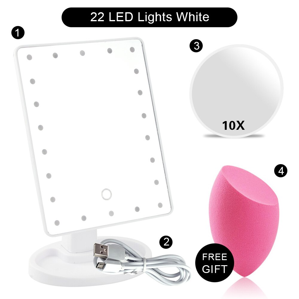 Makeup Mirror 22 LED Light Cosmetic Vanity Mirror Touch Screen Flexible Magnifying 1X/2X/3X/10X USB Or Battery Use Adjustable: WH 22 Light Set B