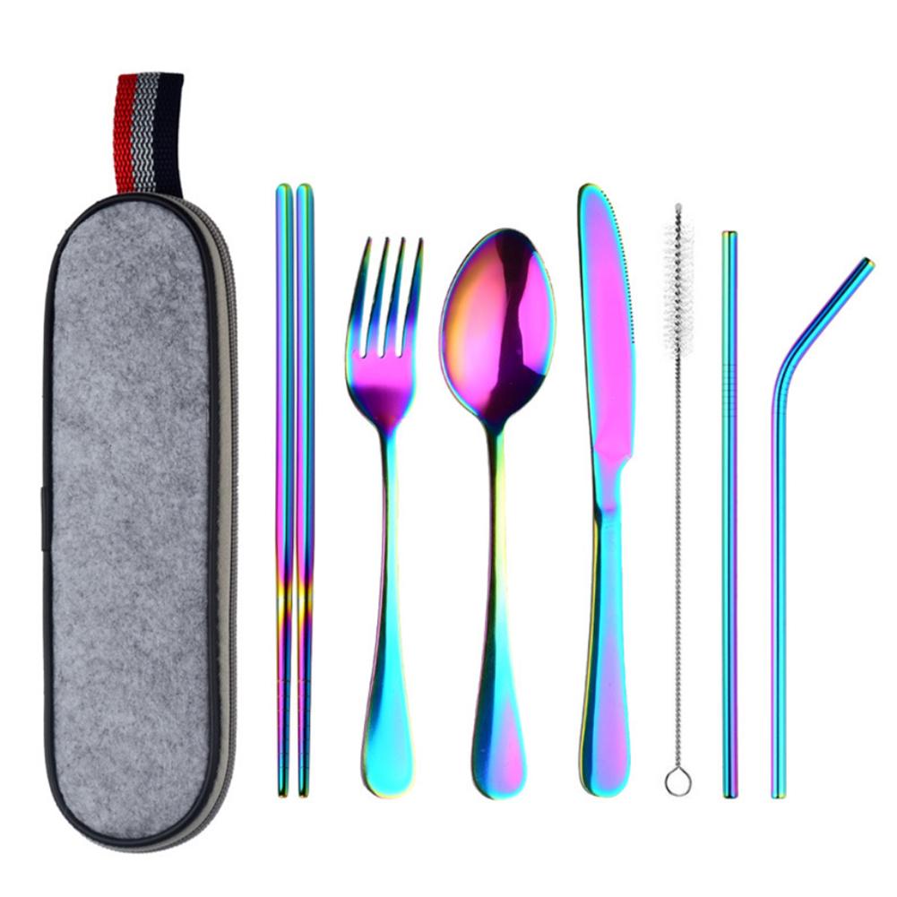 8 st/set rostfritt stål bestick sked ätpinnar rengöringsborste set bärbara silverbestick reseredskap set med fodral halm: D