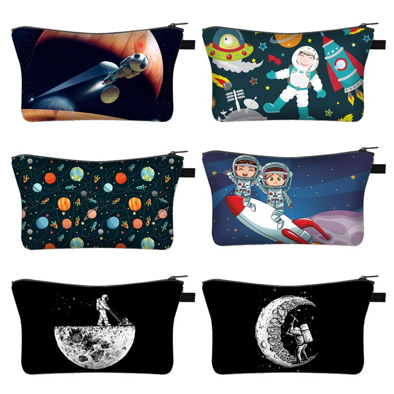 Astronauta/Spaceship kosmetyczka gwiaździsta noc Galaxy chłopcy dziewczęta kosmetyczki szminka etui damskie przenośne Mini portfel