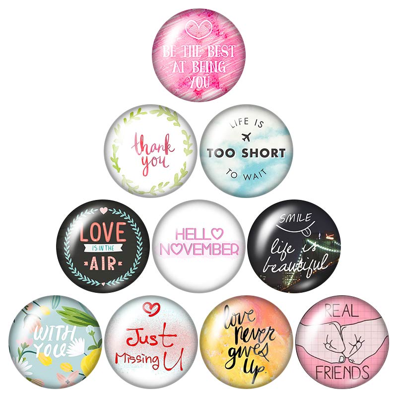 Letters Make yourself better Trust 18mm snap buttons 10pcs mixed round photo glass cabochon style for snap button jewelry: DB0048