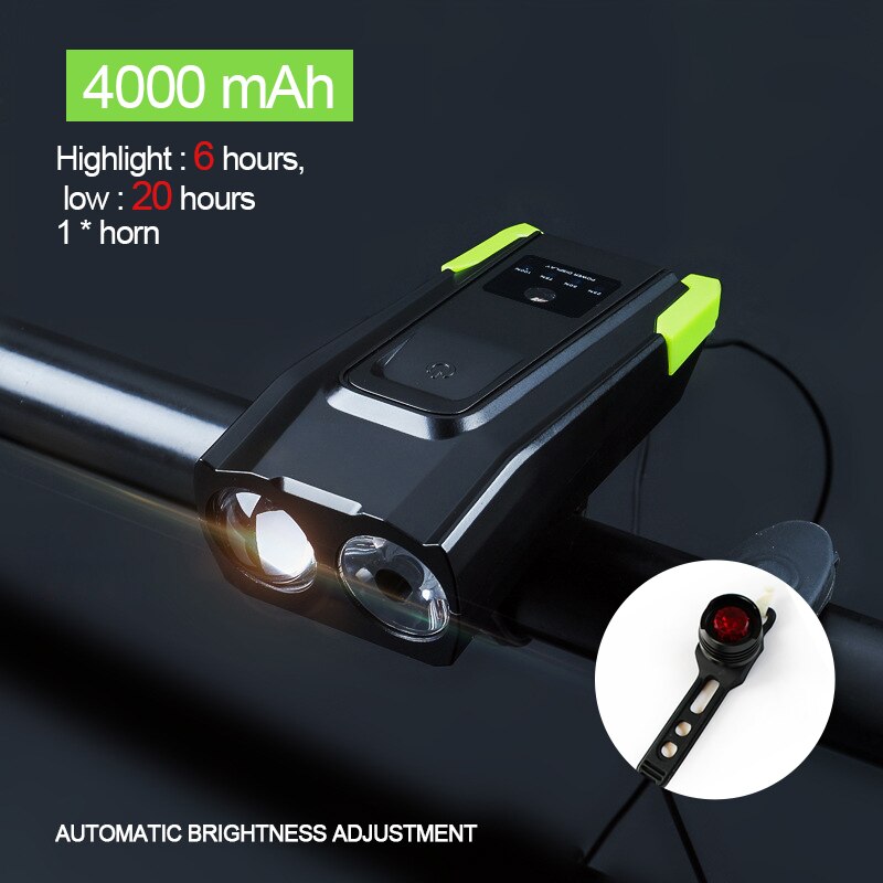 2000 Lumen Induktion Fahrrad Front Licht Set 4000mAh USB Aufladbare Smart Scheinwerfer Mit Horn LED Fahrrad Lampe Zyklus Taschenlampe: 4000mAh Green set