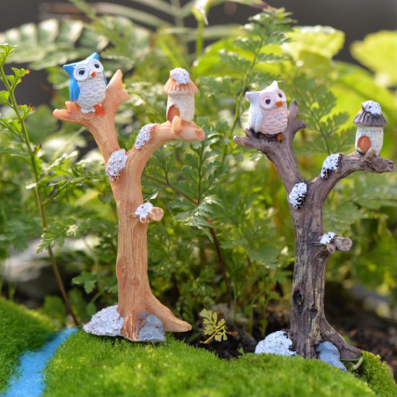 Mos Micro Landschap Decoratie Simulatie Boom Tak Boom Vork Uil Diy Gemonteerd Vlezige Kleine Ornamenten