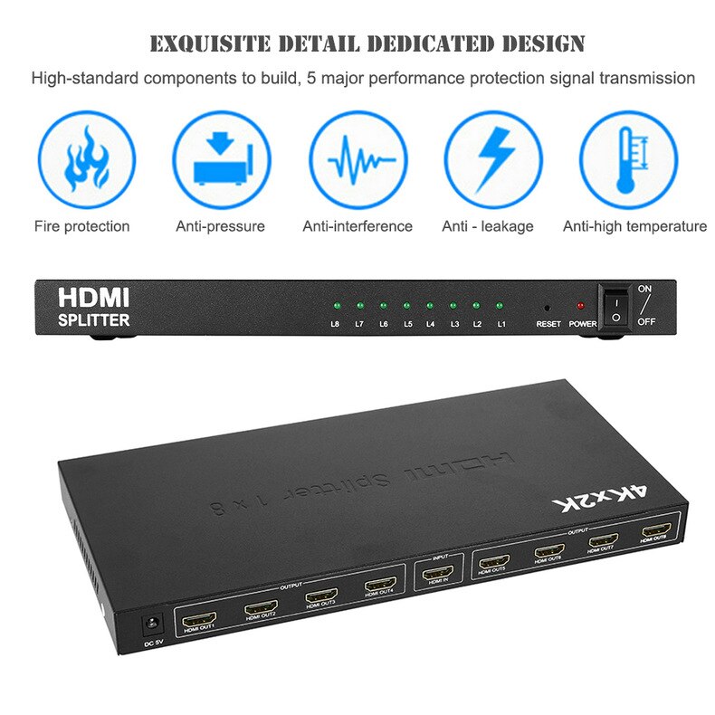 4K 1X8 HDMI Splitter 1 In 8 Out HDMI Splitter 4Kx2K@30Hz HDMI distributor Display Amplifier Converter for DVD PS3 Xbox HDTV 4K