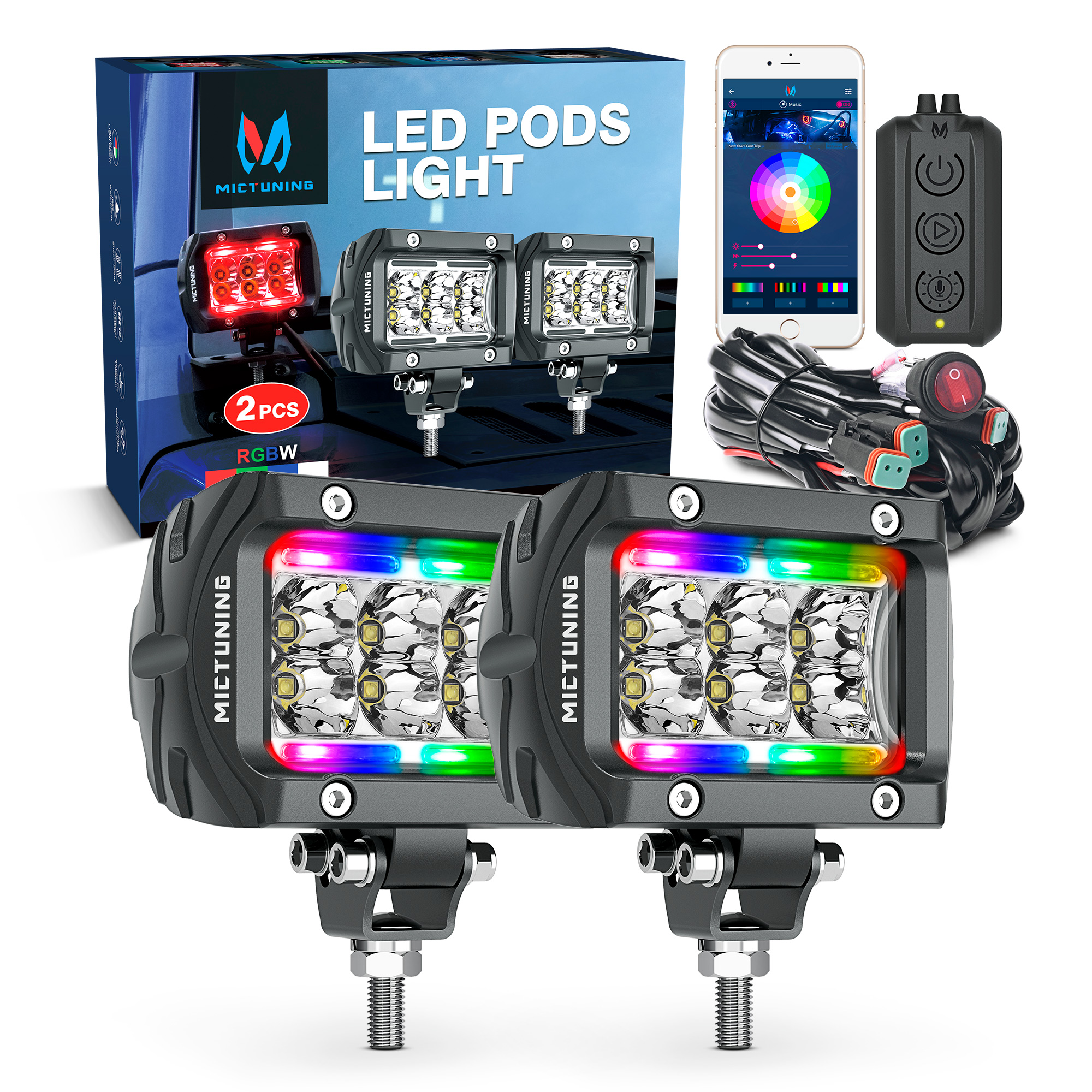 MICTUNING K1 RGBW LED Pods Light Atmosphere Light 4 Inch 18W Off Road Combo Driving Light With APP Control Box For Truck ATV UTV