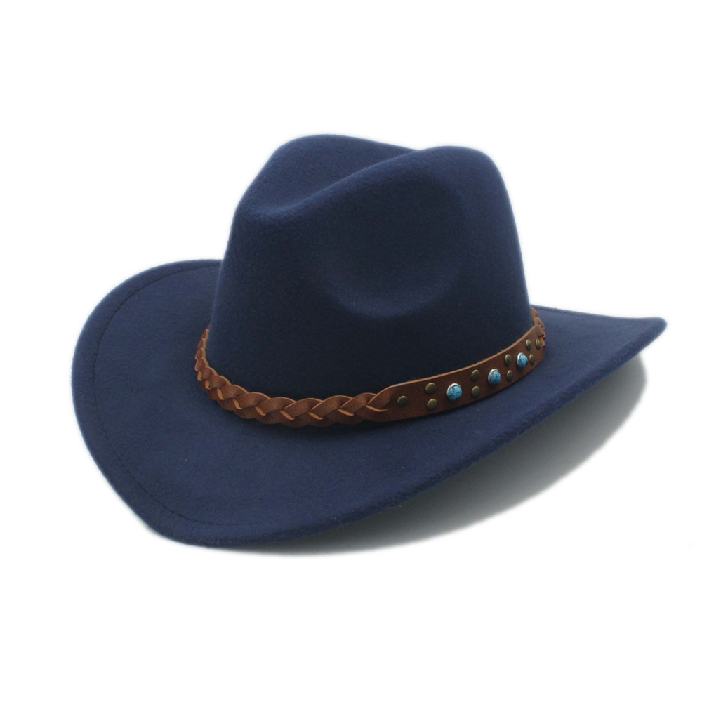 Luckylianji uldfilt vestlig cowboy hat til barn barn bred skygge cowgirl kallaite fletning læderbånd (størrelse :54cm, juster reb): Flåde