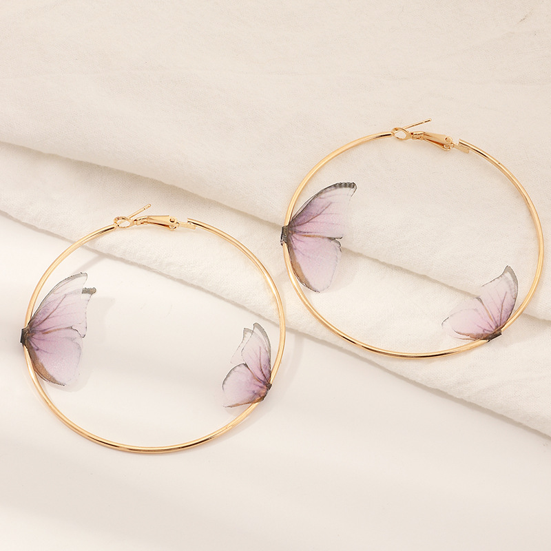 Mooie Dubbele Vlinder Oorbellen Europese Zomer Meisjes Multicolor Grote Ronde Cirkel Gold Hoop Oorbellen Sieraden Voor Vrouwen: 02Purple