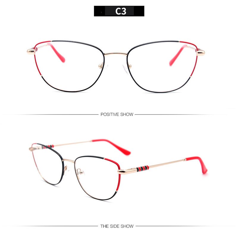 LUCIDIE Female Clear Lens Glasses Frame Women Metal Cat Eye Eyeglasses Oversized Frame Myopia Eyeglasses: C3