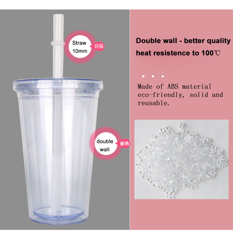 Vaso de té de burbujas portátil, vaso con paja, vaso de plástico reutilizable para té de burbujas, Boba, 500ml