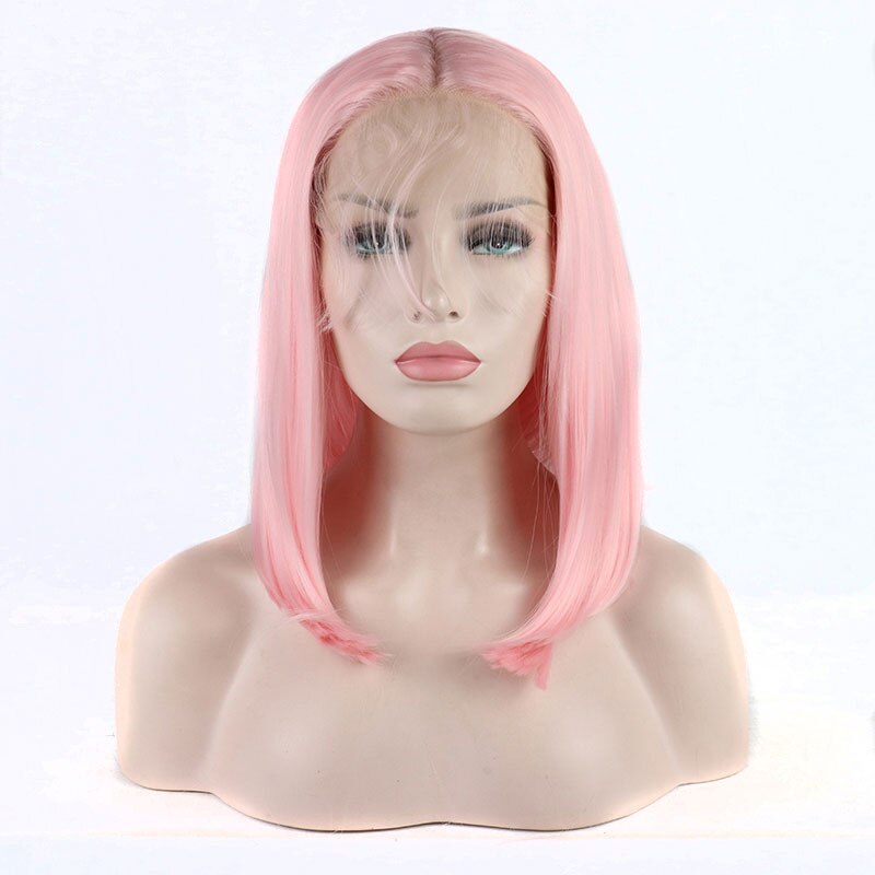 Bombshell Short Straight Bob Pink Synthetic Hair Lace Front Wigs Heat Resistant Fiber With Baby Hair Middle Parting For Women