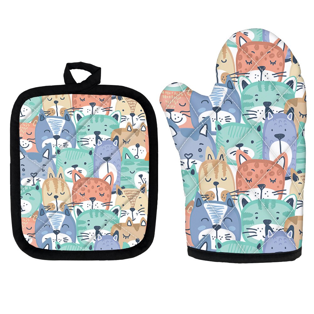 High Heat Protect Gloves Cute Cartoon Cat Print Polyester Microwave Oven BBQ Mitt Potholder Kitchen Mittens and Pad for Cooking: ZSH0338D19