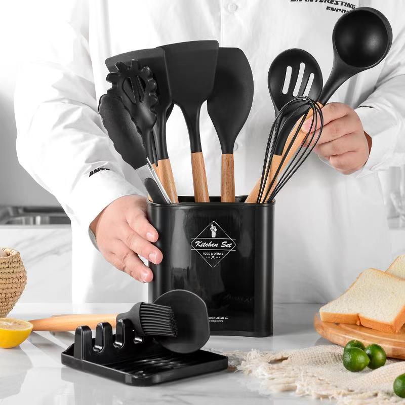 Juego de utensilios de silicona para la cocina, espátulas y palas antiadherentes con mango de madera, instrumentos para cocinar con recipiente de almacenamiento, accesorios para cocinas