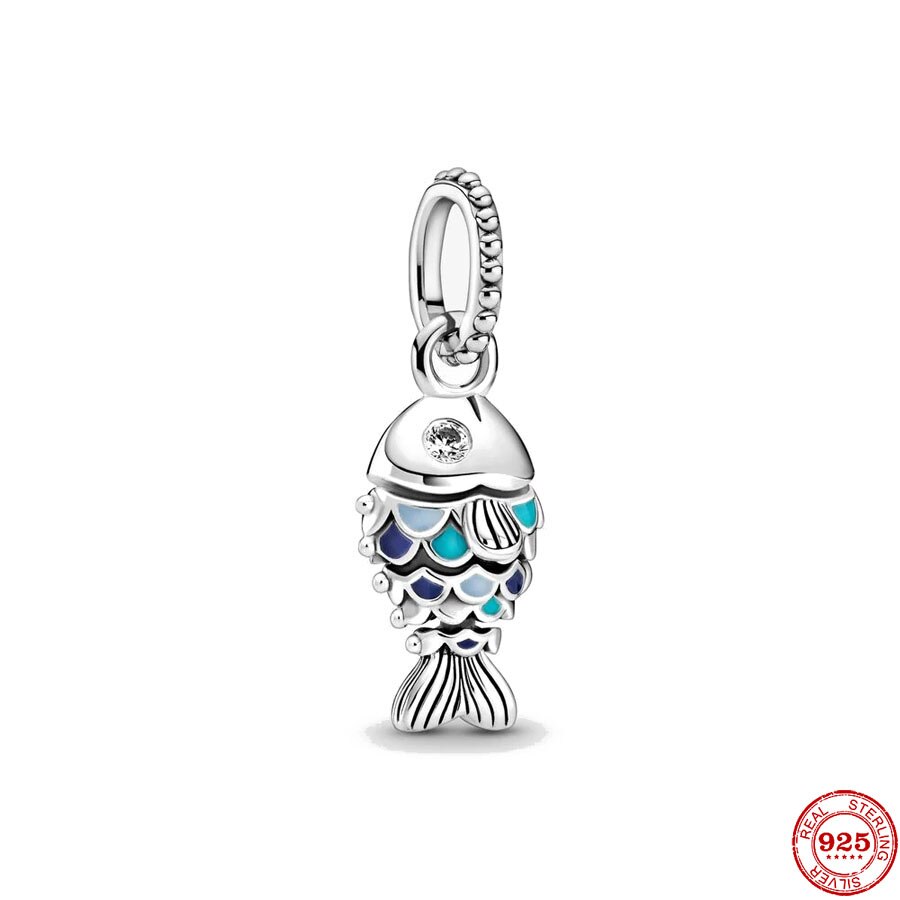 Original Silver Color Blue Scaled Fish Dangle Charm Diy Bead Fit European Charms Bracelet Bangles Diy Jewelry P642: Default Title