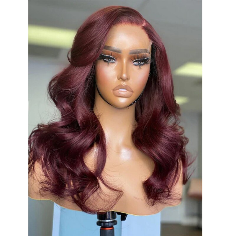 Wine red Soft Body Wave Wig Synthetic Lace Front Wig Pre Plucked Baby Hair Long Wave Synthetic Wigs Daily Wig Party Wig