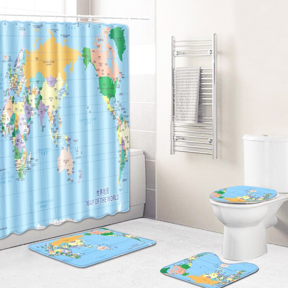 Classic World Map Pattern Shower Curtain Printing Bathroom Curtain Shower Wall-mounted Map Curtain World Map Shower Curtain