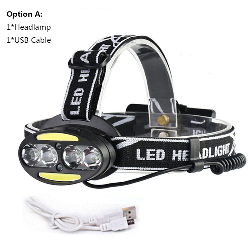 6500 Lumen Koplamp koplamp 4 * XM-T6 + 2 * COB + 2 * Rode LED Koplamp USB oplaadbare zaklamp Zaklamp Lanterna met batterijen: A