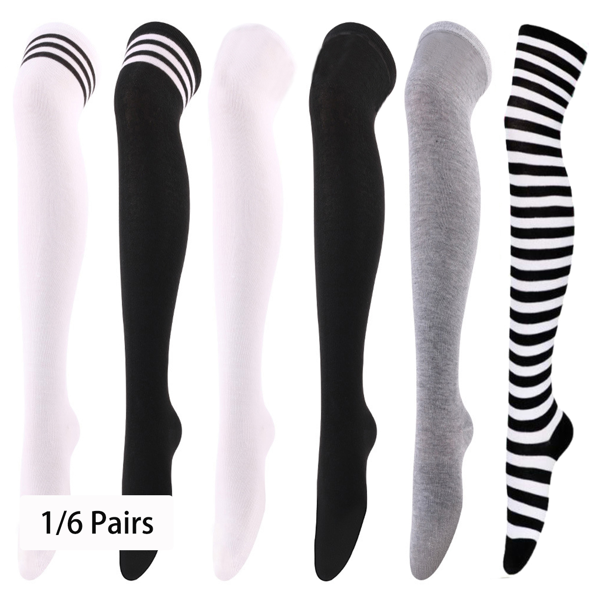 1/6 Pairs Women's Striped Stocking Japanese Over Knee Socks Women Keep Warm Slim Long Socks Black White Striped Hosiery