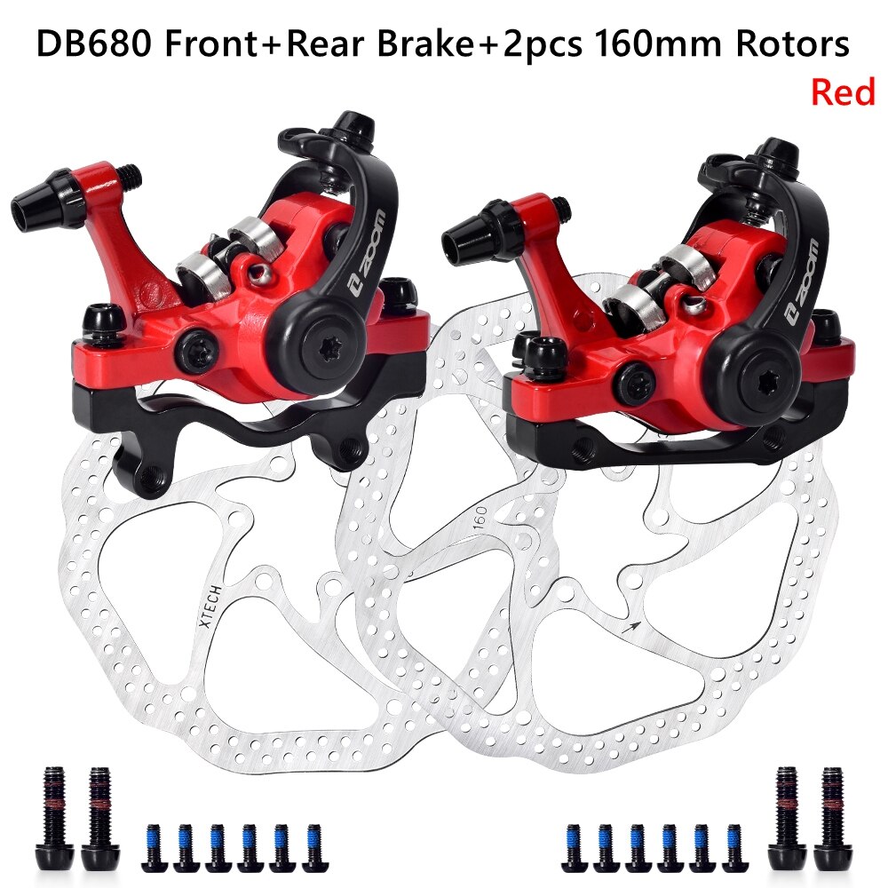 ZOOM Bike Mechanical Brake Caliper Adapter MTB Bilateral Drive Bicycle Front Rear Disc Brake Caliper Device Brake Pads DB680: 1 Pair Brake Red