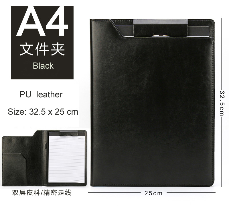 A4 Office Filing Organizer PU Leather Padfolio Portfolio Business Conference Folder Contracts Menus Folders Memo Pad Clip Holder: black