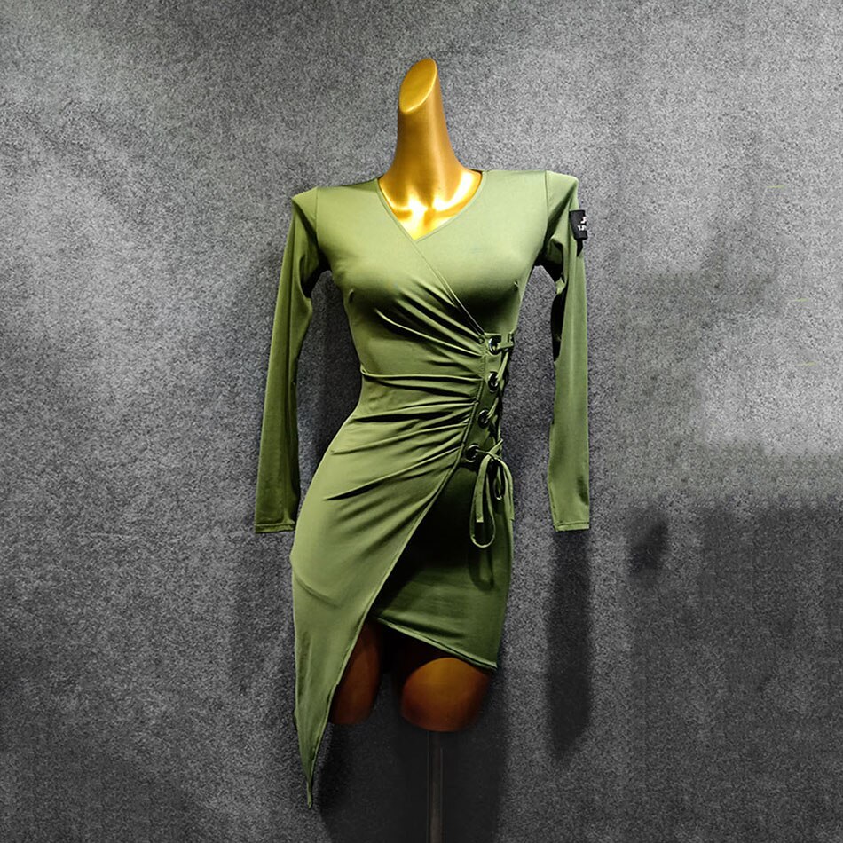 Women Latin Dance Dress Long Sleeve Striped Waist Dancing Practise Cloth Samba Tango Chacha Dancing Performamnce LW422